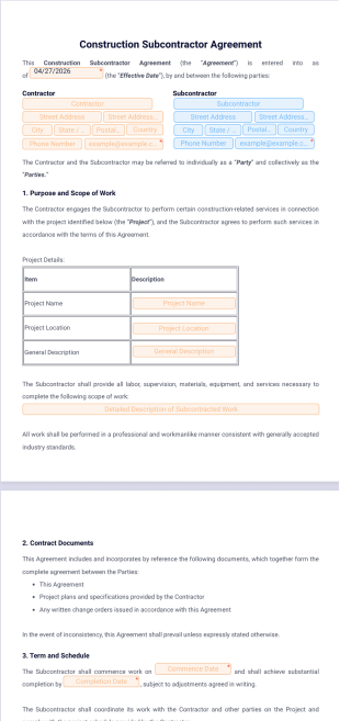 Construction Subcontractor Agreement Template - PDF Templates