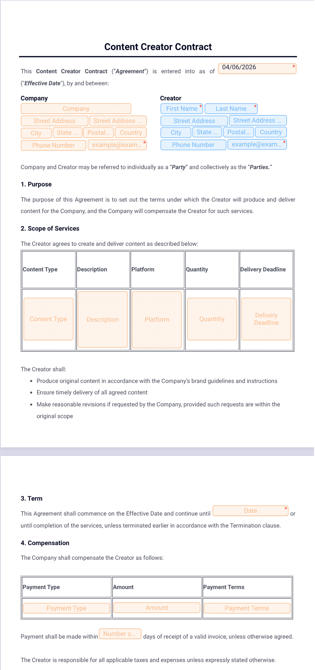 Content Creator Contract Template - PDF Templates | Jotform