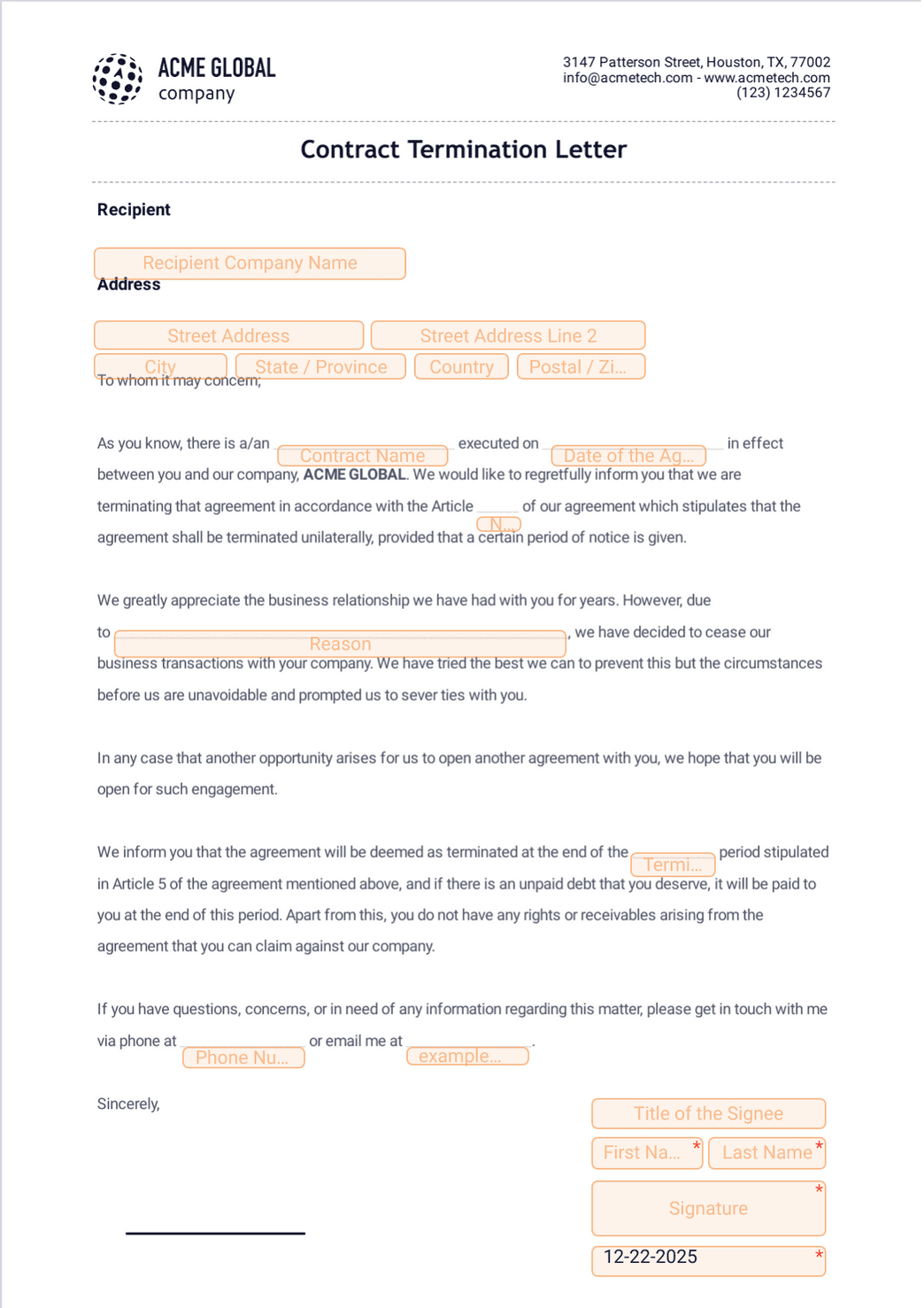 Business Contract Termination Letter Template
