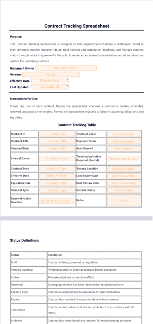 Contract Tracking Spreadsheet Template - Sign Templates