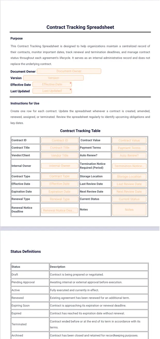 Contract Tracking Spreadsheet Template