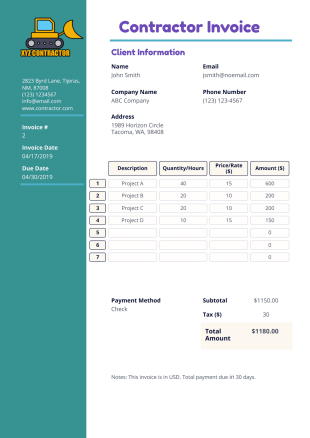 Contractor Invoice Template - PDF Templates