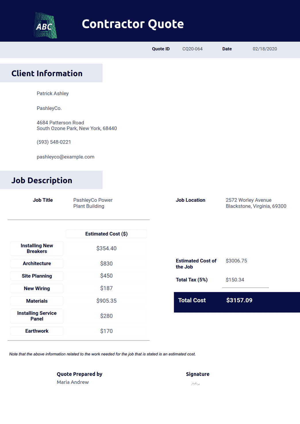 Quick Contractor Sample Contractor Quote Template - PDF Templates | Jotform