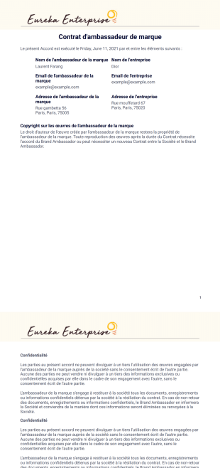 Contrat d'ambassadeur de marque - PDF Templates
