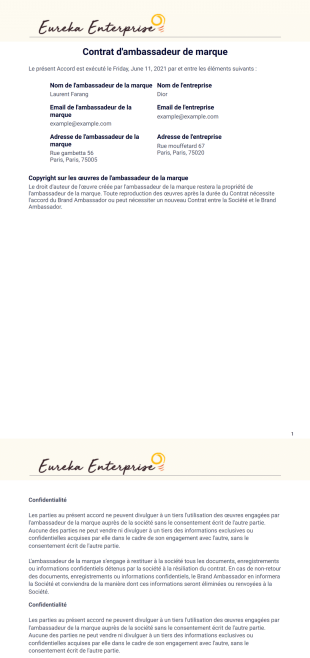 Contrat d'ambassadeur de marque Modèle PDF