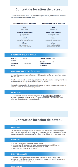 Contrat de location de bateau Modèle PDF