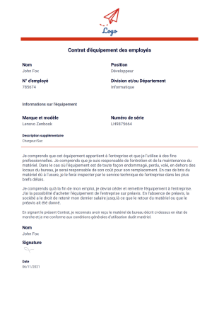 Contrat d'équipement des employés Modèle PDF