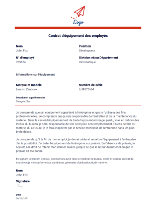 Contrat d'équipement des employés Modèle PDF