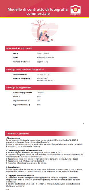 Contratto di fotografia commerciale Template PDF