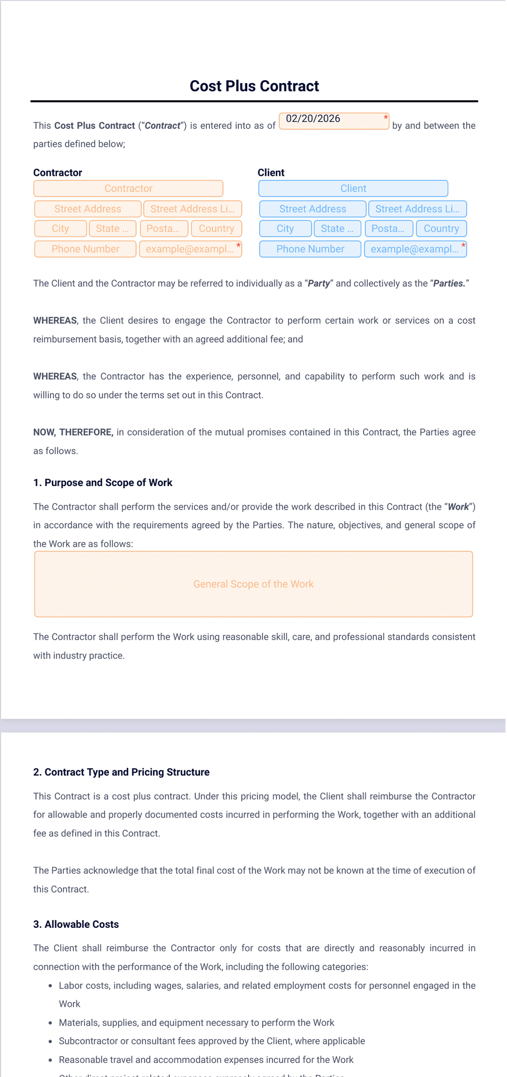Cost Plus Contract Template - PDF Templates | Jotform
