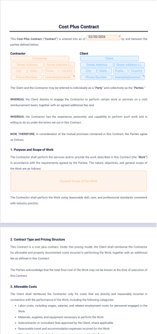 Cost Plus Contract Template - PDF Templates