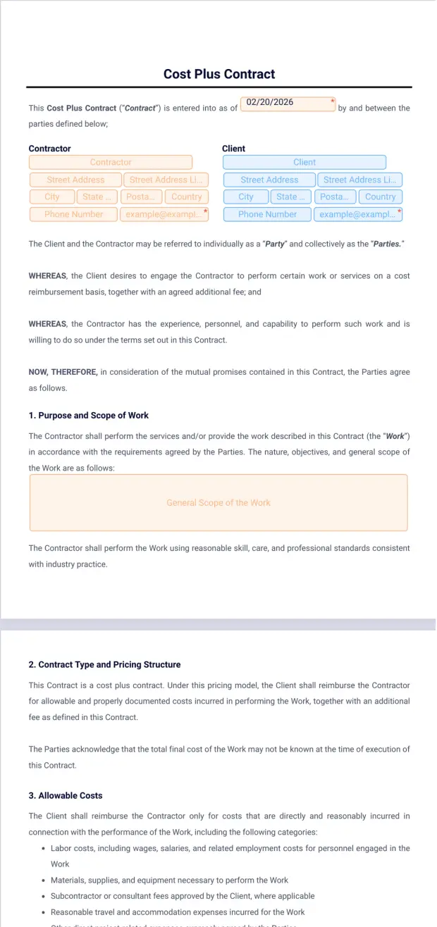 Cost Plus Contract Template