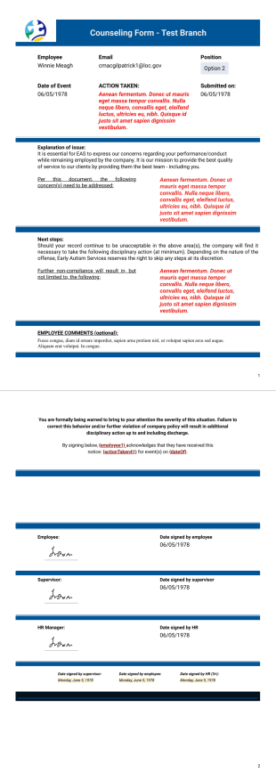 Counseling Form - Test Branch PDF Template