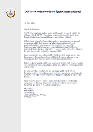 COVID-19 Nedeniyle Geçici İşten Çıkarma Belgesi Şablonu - PDF Templates