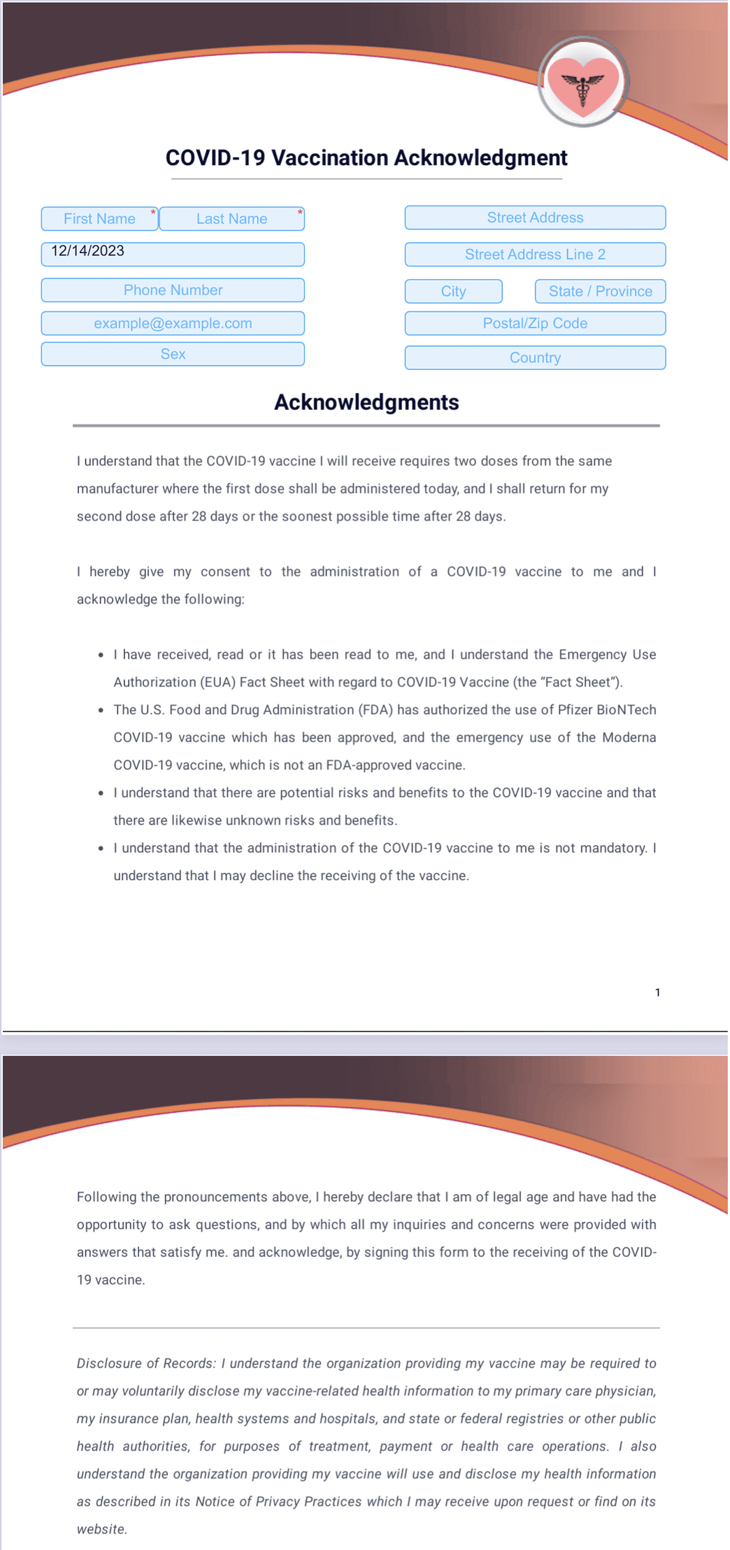COVID-19 Vaccination Acknowledgment PDF Template | Jotform