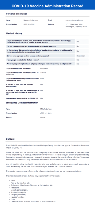 COVID-19 Vaccine Administration Record PDF Template