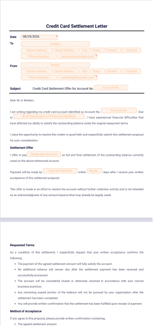 Credit Card Settlement Letter Template - PDF Templates