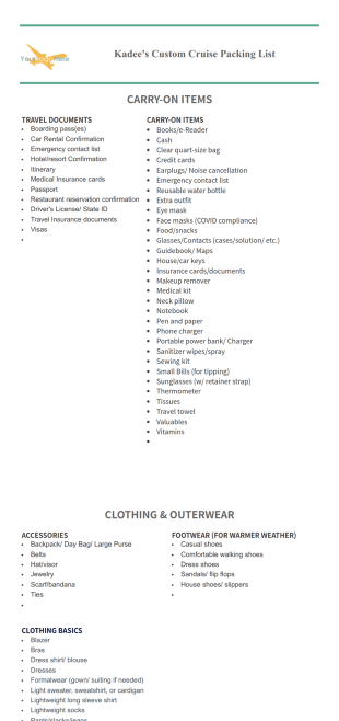 Cruise Packing List (Customize to your Business) PDF Template