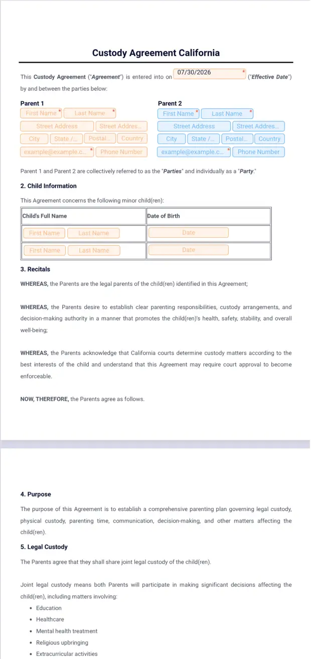 Custody Agreement Template California
