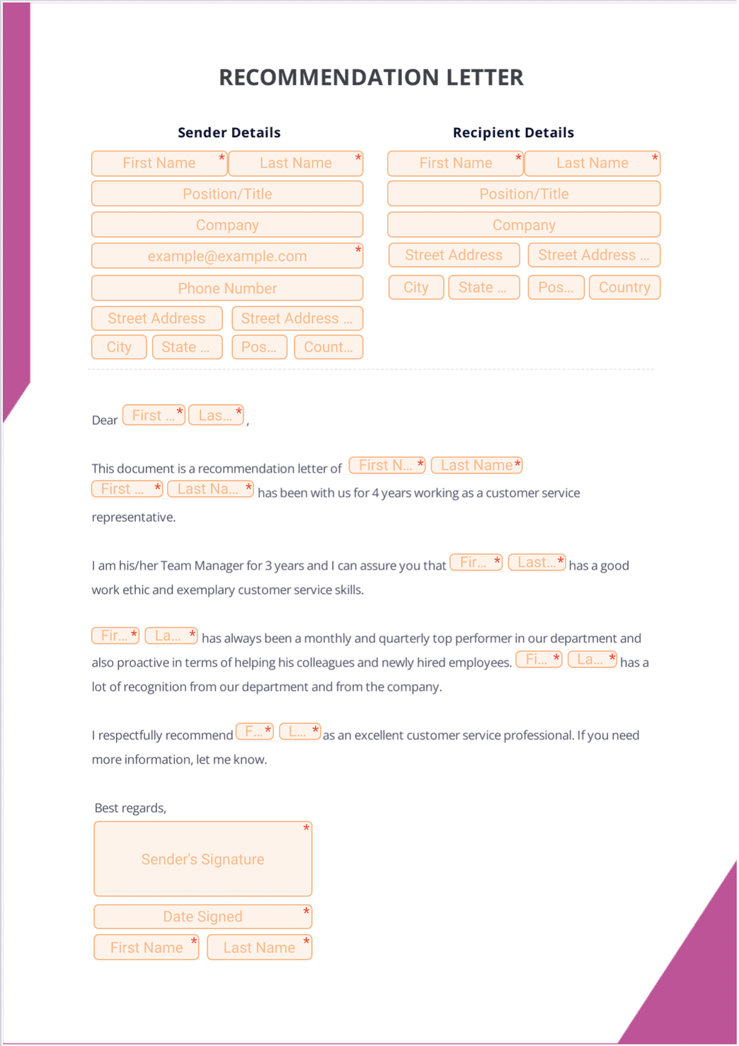 Customer Service Recommendation Letter PDF Template | Jotform