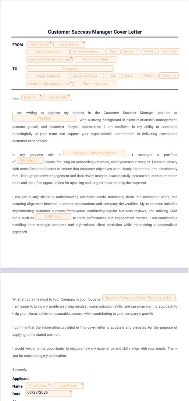 Customer Success Manager Cover Letter
