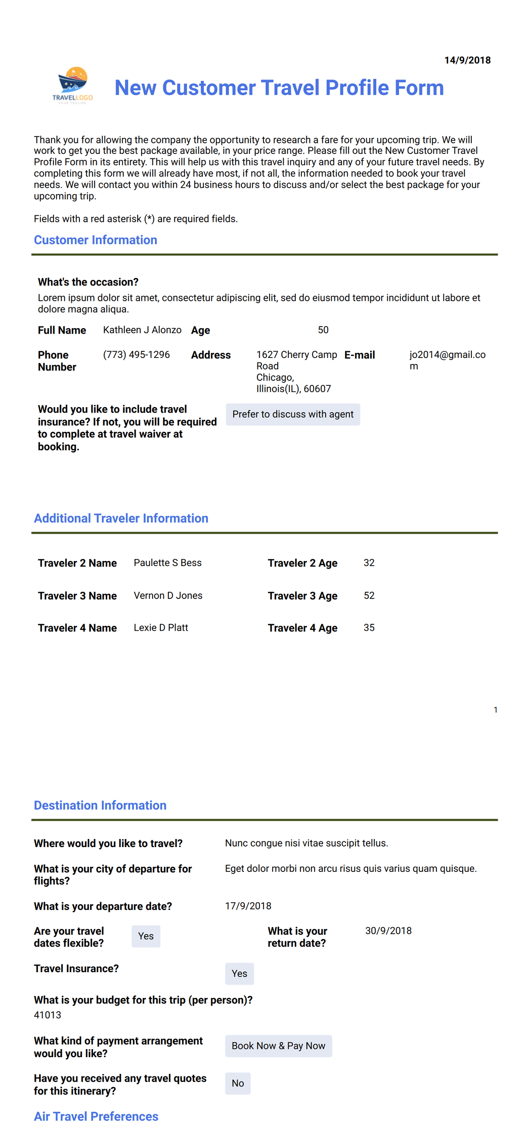 Customer Travel Plan PDF Template | Jotform