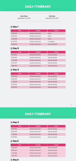 Daily Itinerary Template - PDF Templates
