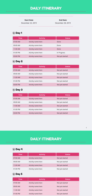 Daily Itinerary Template - PDF Templates