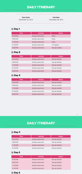 Daily Itinerary Template - PDF Templates