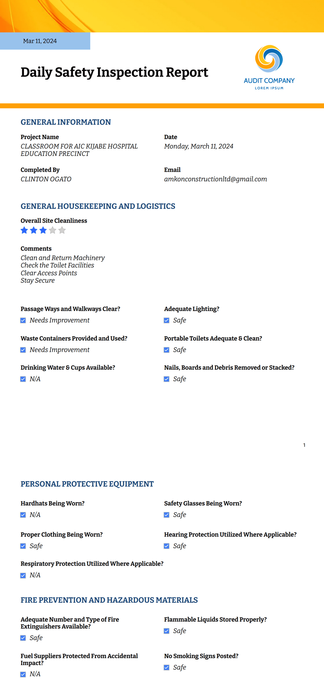Daily Safety Inspection Report - PDF Templates | Jotform