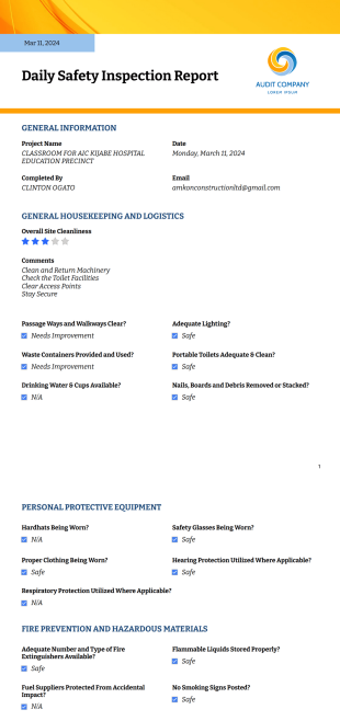 Daily Safety Inspection Report PDF Template