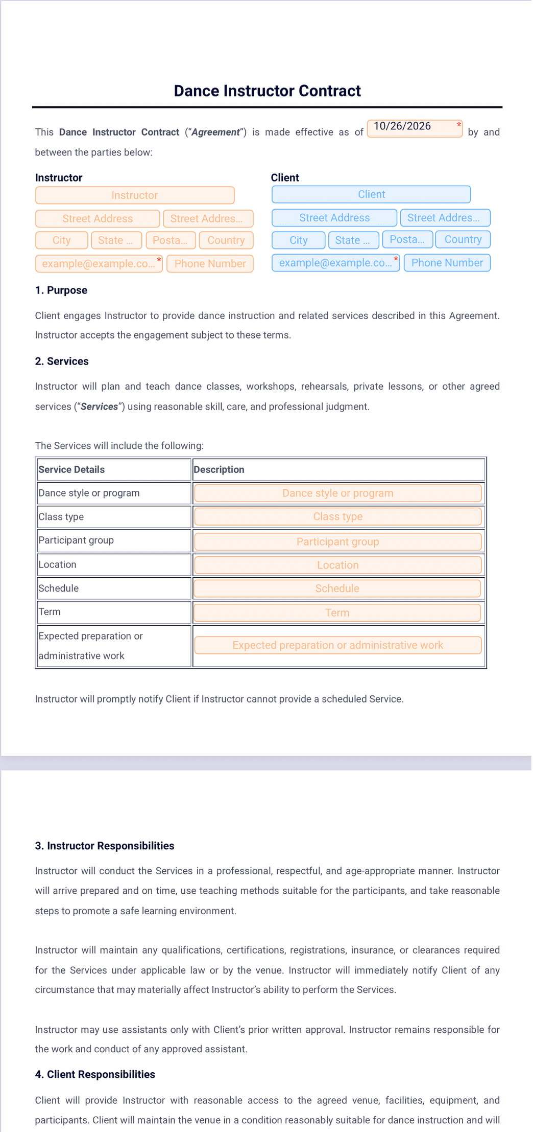Dance Instructor Contract Template - PDF Templates | Jotform