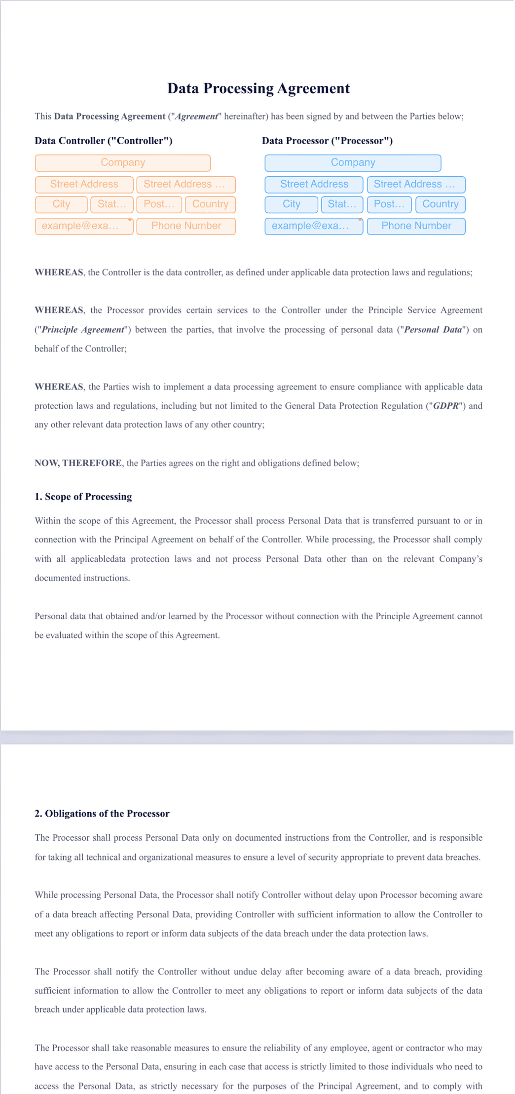 Processing Contract Data Processing Agreement PDF Template | Jotform