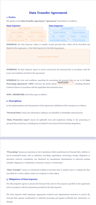 Data Transfer Agreement Template - PDF Templates