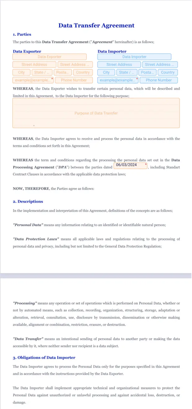 Data Transfer Agreement Template