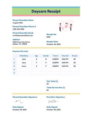 Daycare Receipt PDF Template