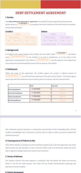 Debt Settlement Agreement - PDF Templates