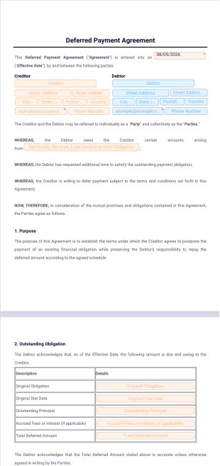 Deferred Payment Agreement Template - PDF Templates