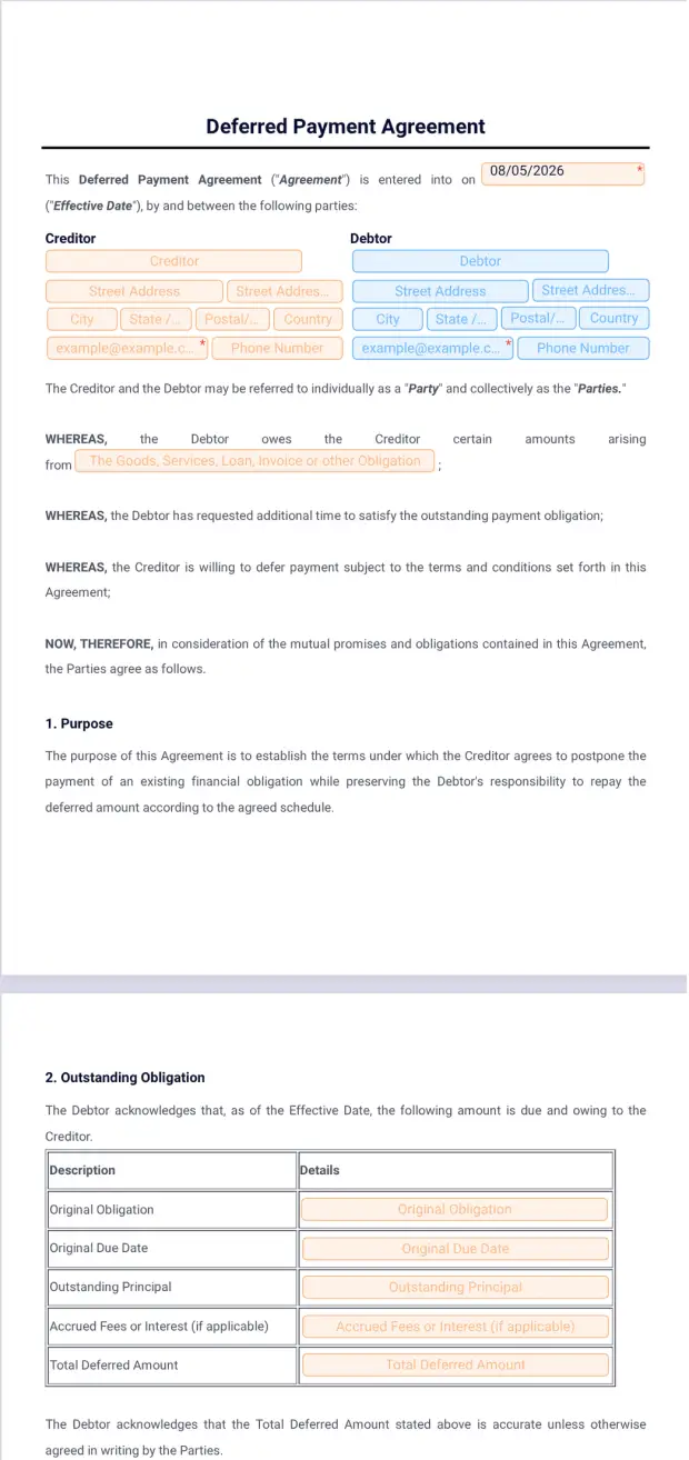 Deferred Payment Agreement Template