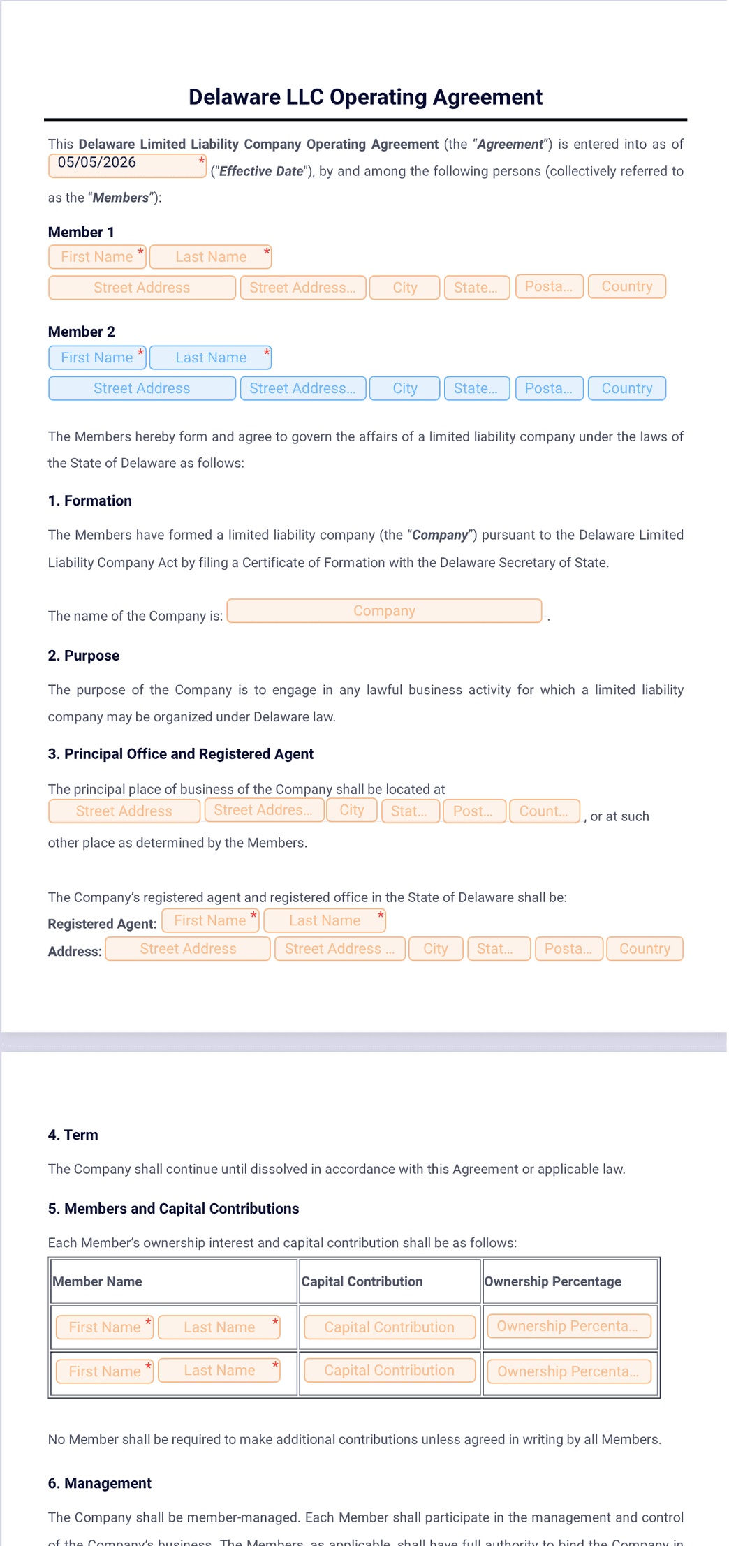 Delaware LLC Operating Agreement Template - PDF Templates | Jotform