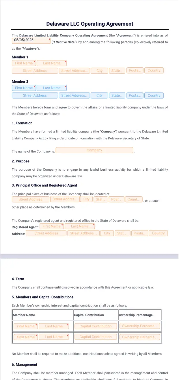 Delaware LLC Operating Agreement Template - PDF Templates | Jotform
