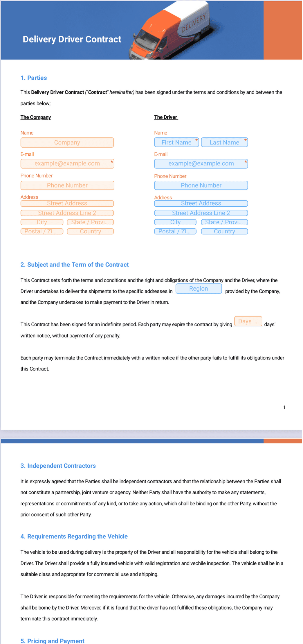 Delivery Driver Contract PDF Template | Jotform