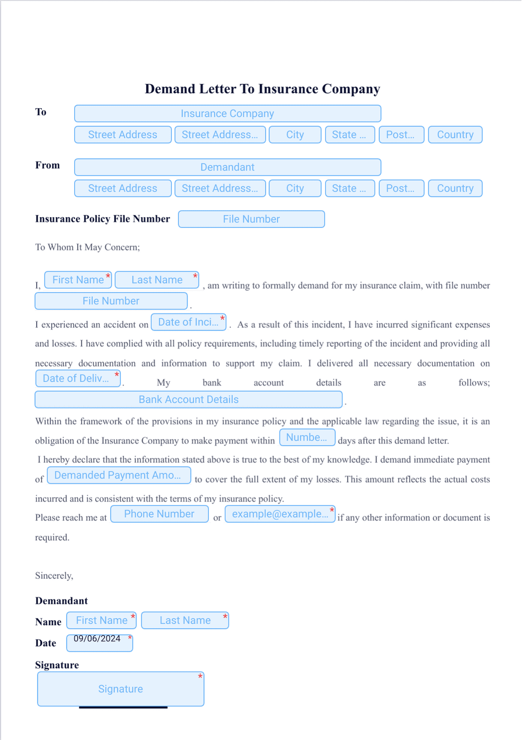 Demand Letter To Insurance Company PDF Template | Jotform