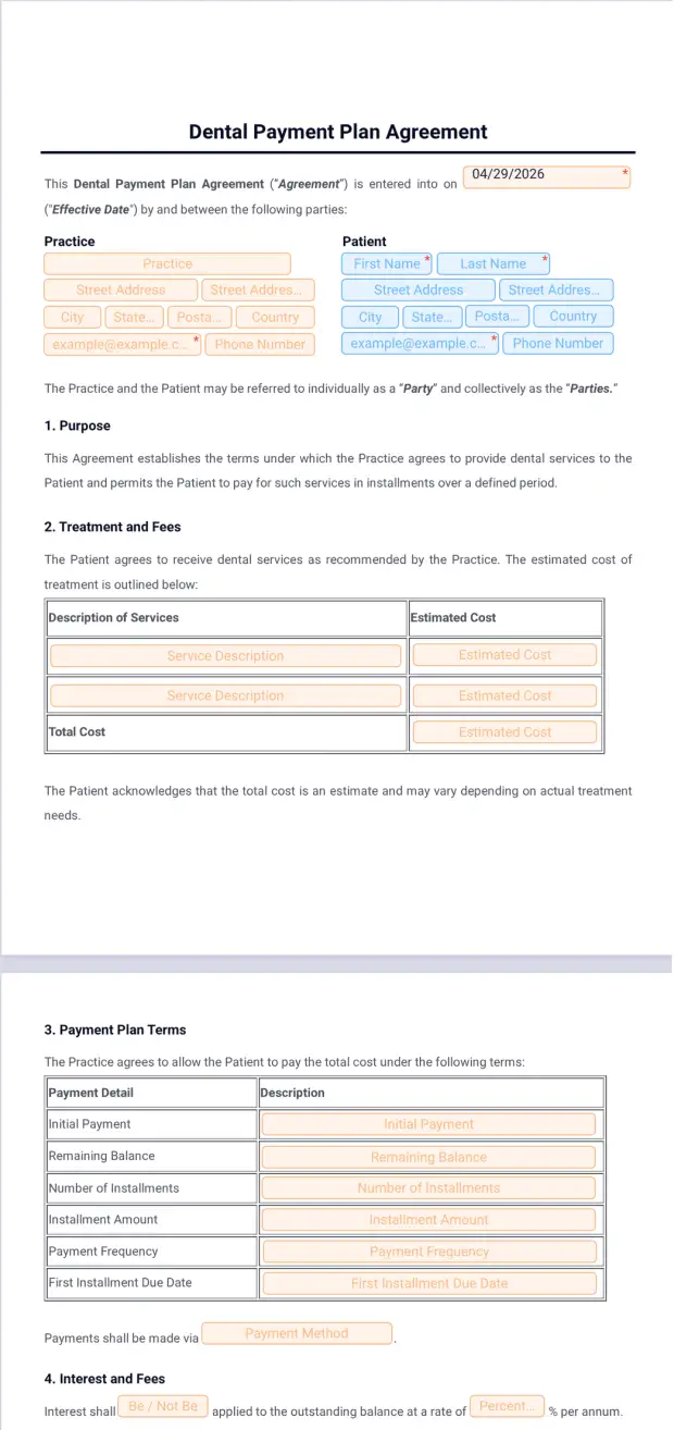 Dental Payment Plan Agreement Template