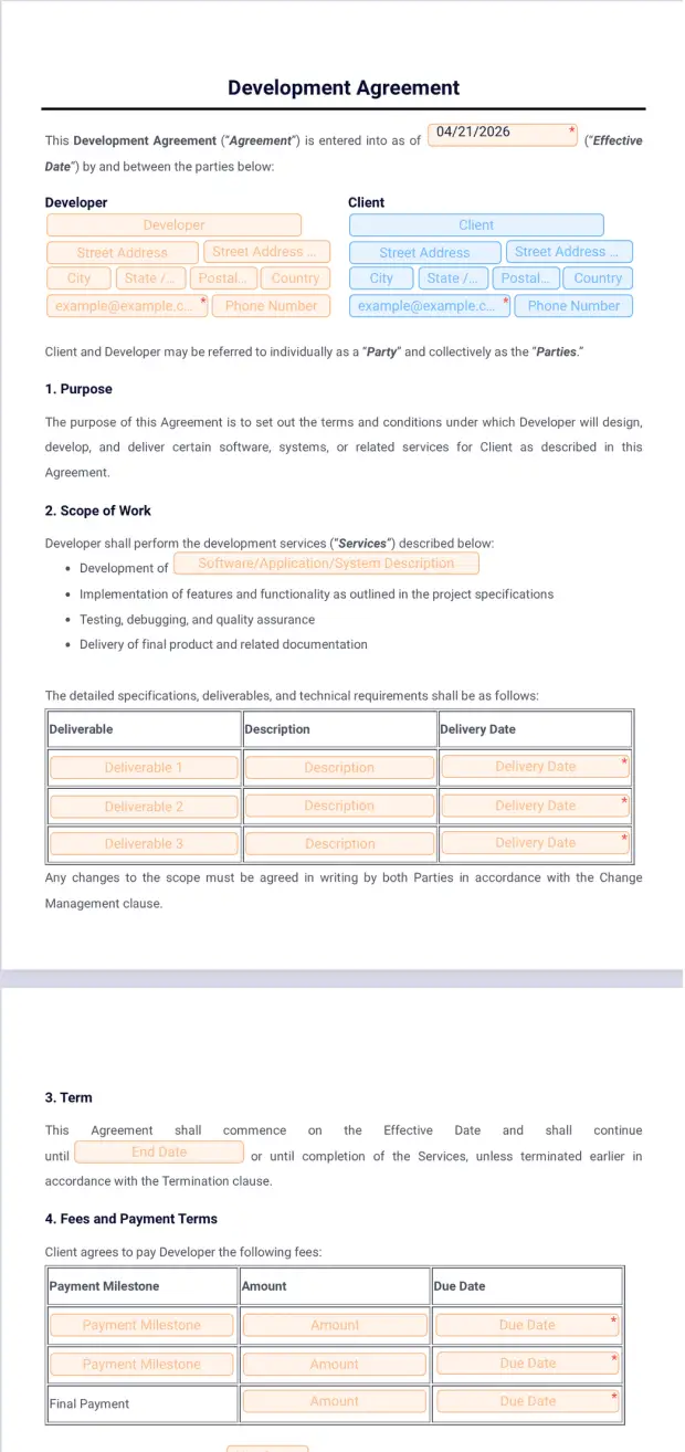 Customer Development Aggreement Development Agreement Template - PDF Templates | Jotform