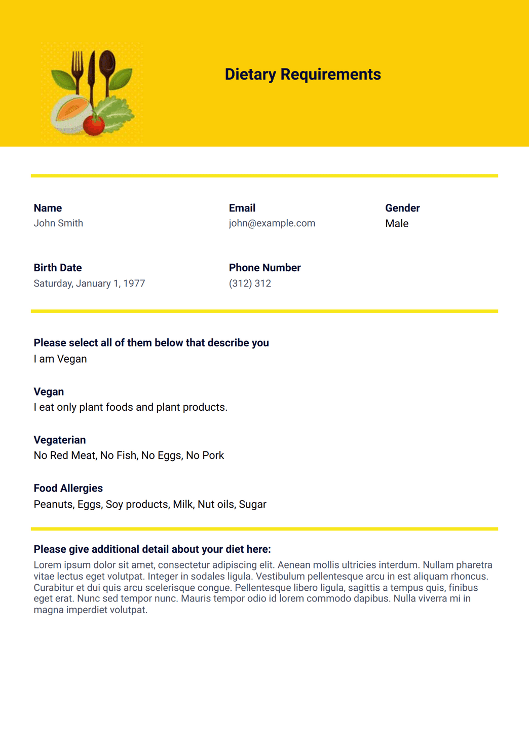 Dietary Requirements Template PDF Templates Jotform