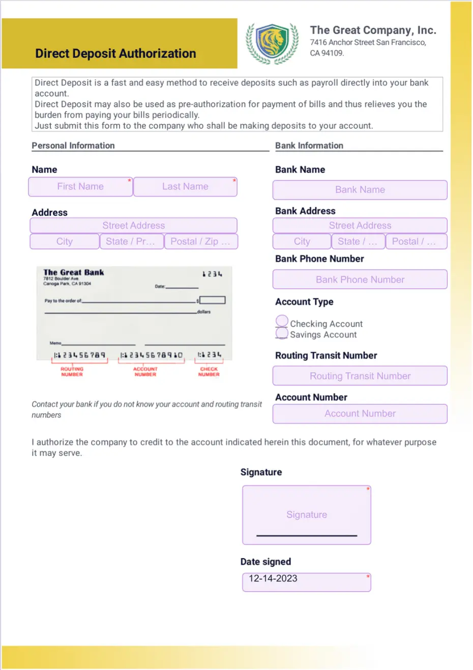 Direct Deposit Authorization PDF Template