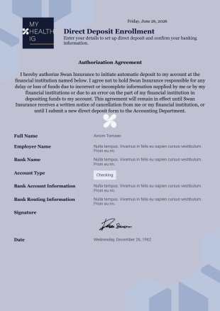 Direct Deposit Form PDF Template