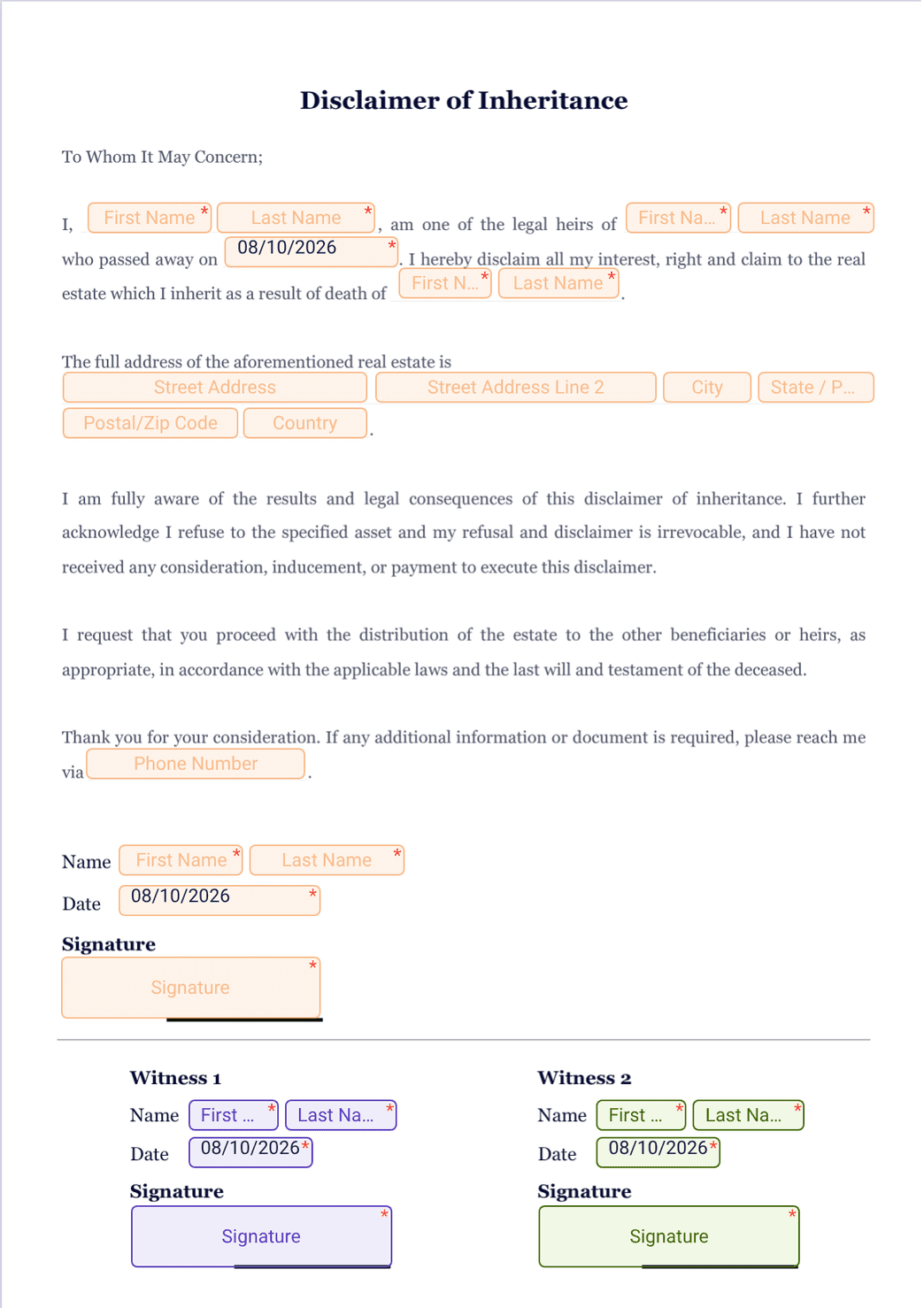 Disclaimer of Inheritance PDF Template | Jotform