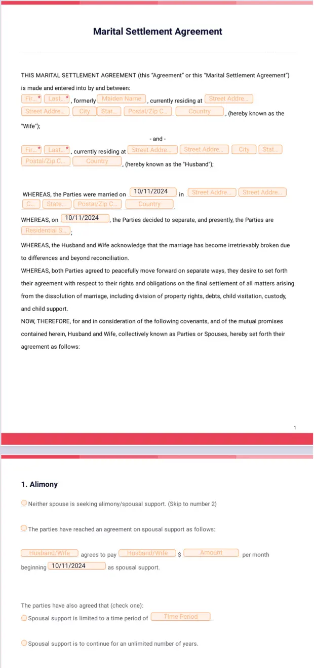 Divorce Settlement Agreement Template